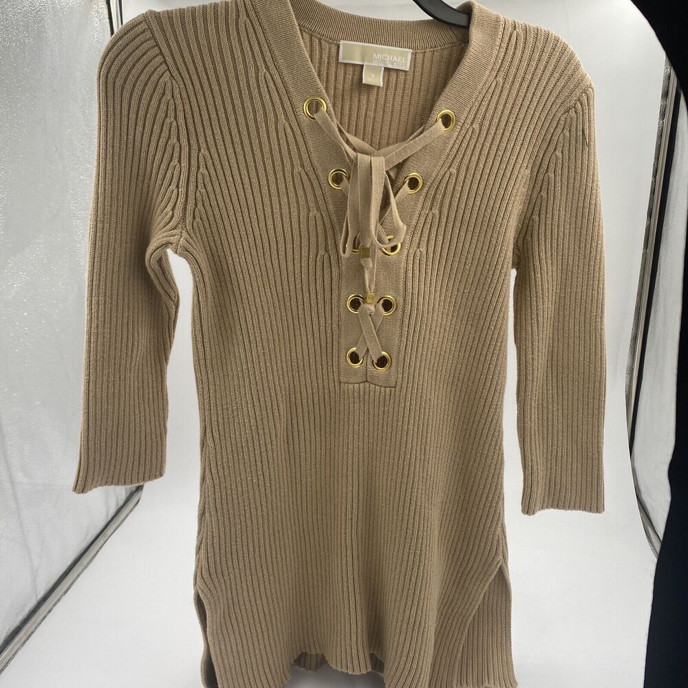 Michael Kors ribbed sweater/tunic, lace up closure, brown, size S